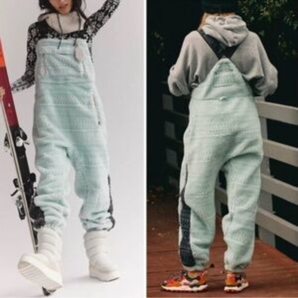 NWOT Free People Women's Hit The Slopes Salopette Fleece Overalls in Mint - Picture 1 of 10